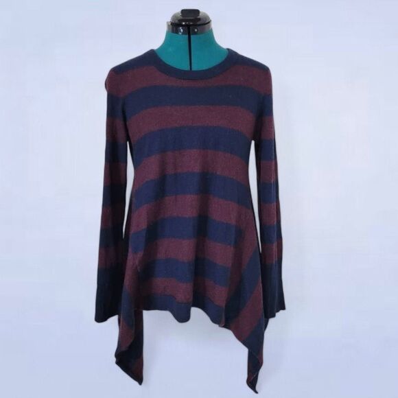 Autumn Cashmere Burgundy Navy Stripe Asymmetrical Hemline 100%‎ Cashmere Sweater - Picture 3 of 7
